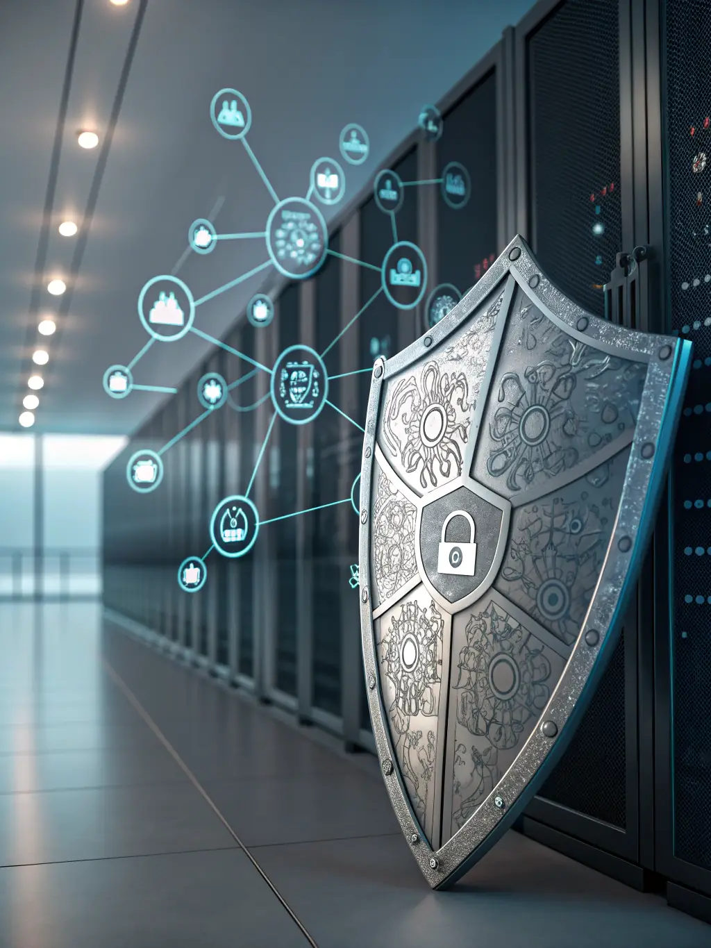 A smartphone with a shield icon overlaid on the screen, symbolizing enhanced security and protection against cyber threats. The background is a network of interconnected nodes.